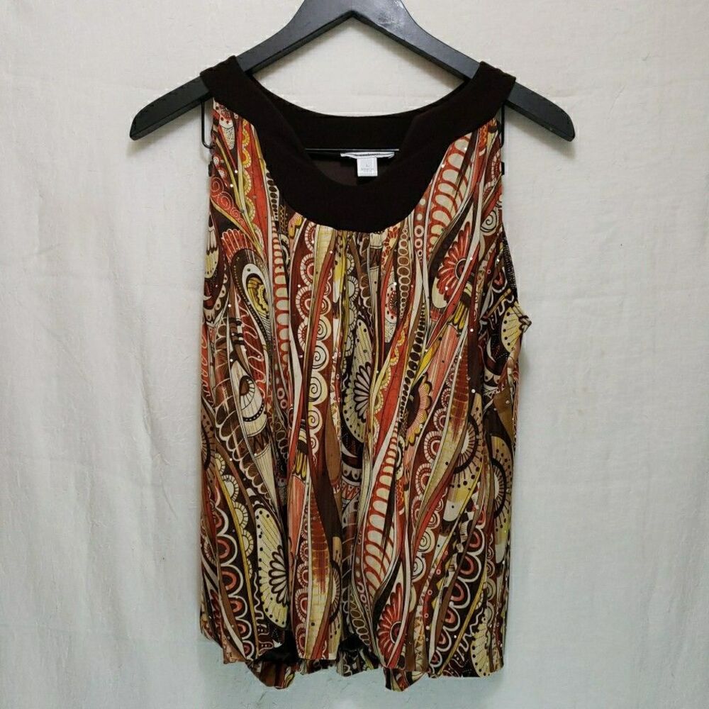 Dressbarn Women's L Sleeveless Blouse Brown Orange Paisley Floral Pleated Neck